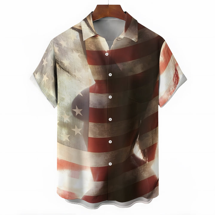 Stars and Stripes Girls Reflection Print Casual Large Size Short Sleeve Shirt 2407000553