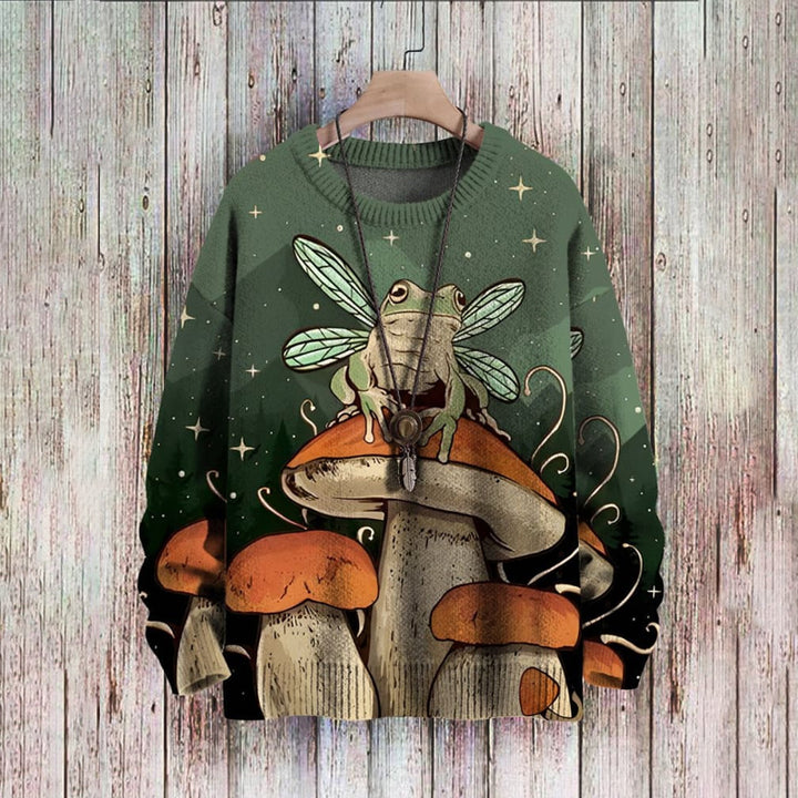 Vintage Mushroom Frog Fun Art Print Casual Pullover Knitted Sweater