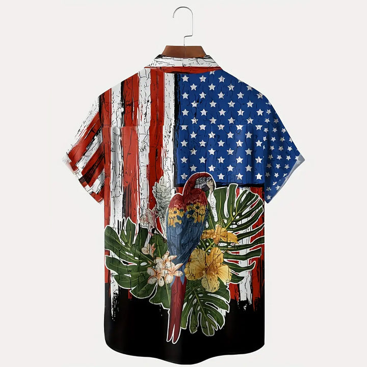 Men's Floral And Parrot Print Short Sleeve Shirt