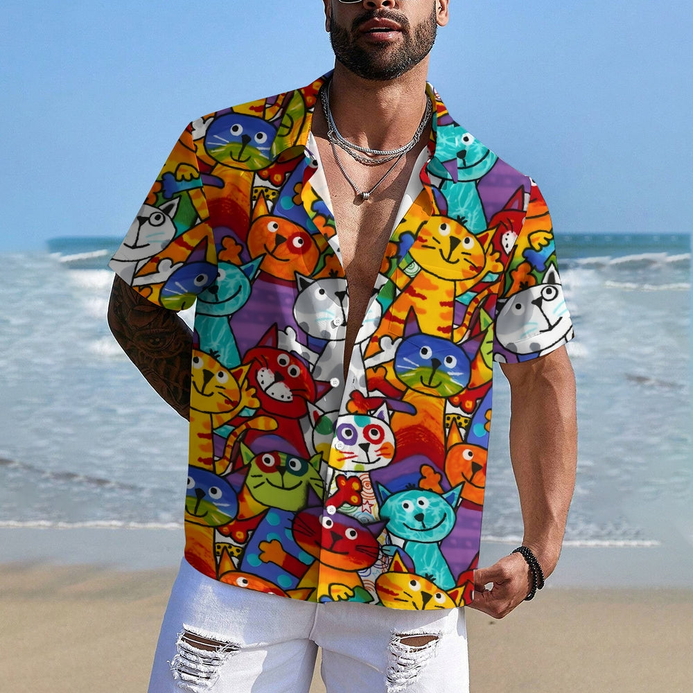 Men's Colorful Cats Casual Short Sleeve Shirt 2311000684