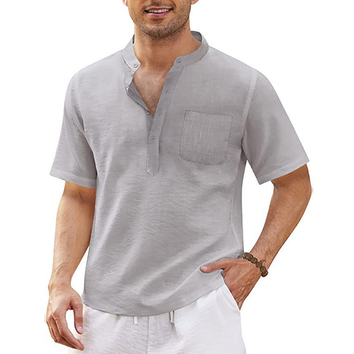 Breathable And Comfortable Cotton And Linen Stand-Up Collar Half-Lapel Short-Sleeved Shirt 2405000991