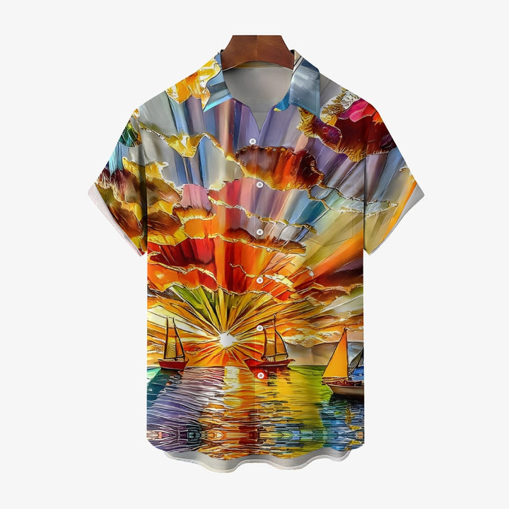 Sailboat Oil Painting Art Light Print Short Sleeve Shirt 2408007010