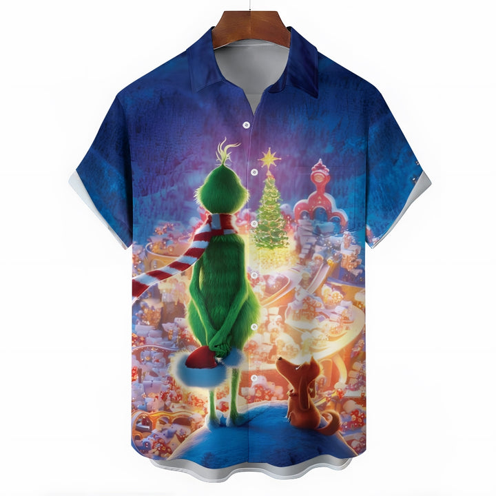 Cartoon Christmas Green Monster Print Short Sleeve Shirt 2411003265