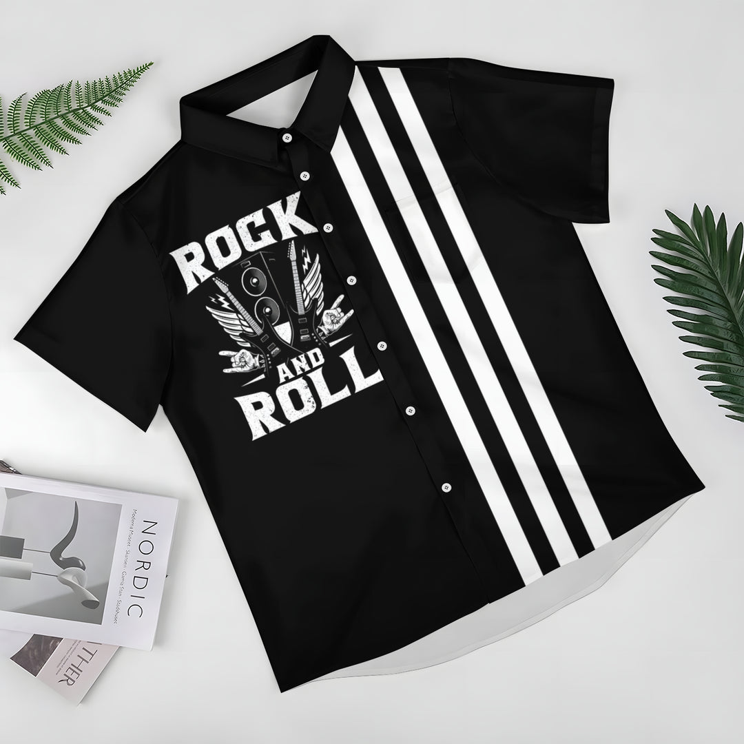 Rock Music Print Bowling Shirt Plus Size Casual Short Sleeve Shirt 2404000705