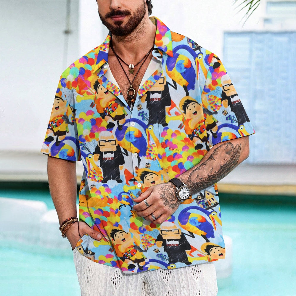 Cartoon Flying House Balloon Print Casual Short Sleeve Shirt 2408007172