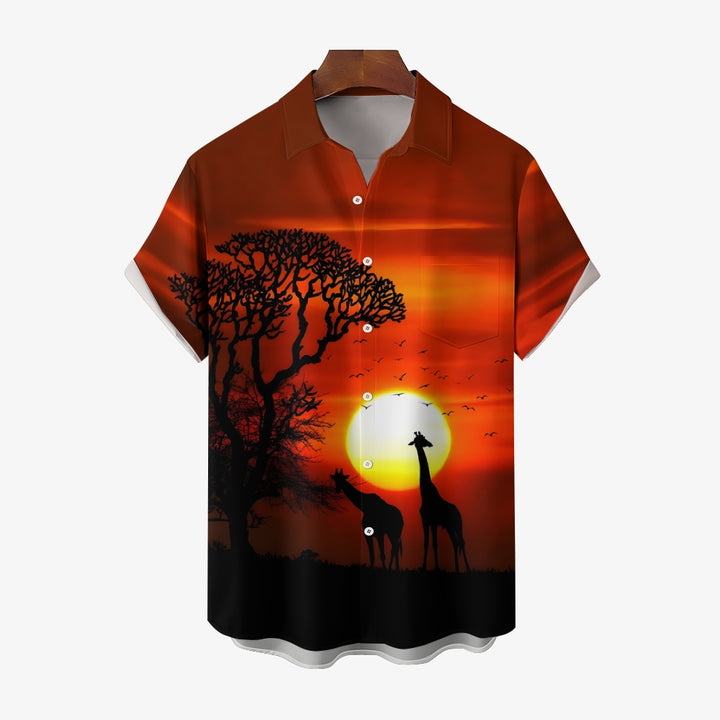 Grassland Giraffe Sunset Casual Large Size Short Sleeve Shirt 2406003217