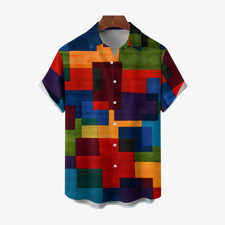 Men's Retro Geometric Print Button Pocket Short Sleeve Shirt 2403000741
