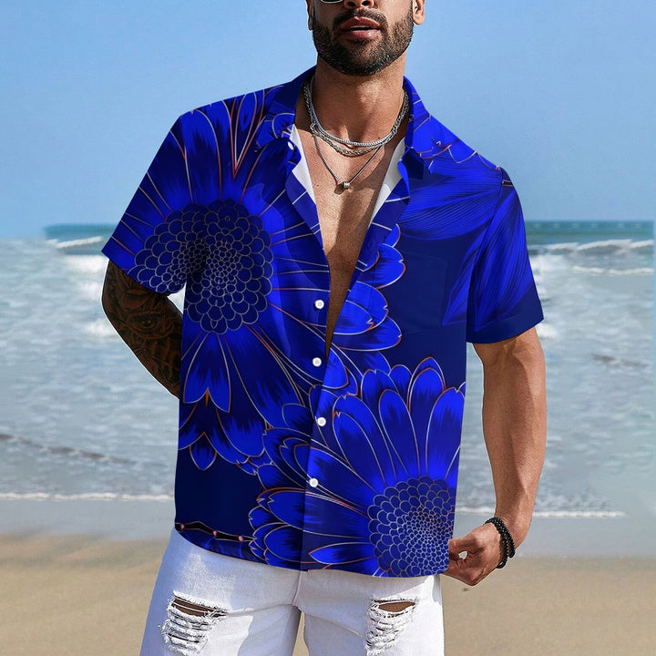 Men's Blue Daisy Print Casual Flower Short Sleeve Shirt 2412005891