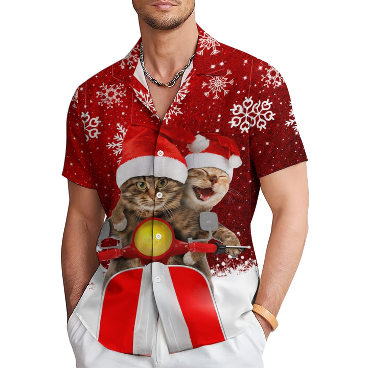 Cat Riding Motorcycle Christmas Short Sleeve Shirt 2410003802