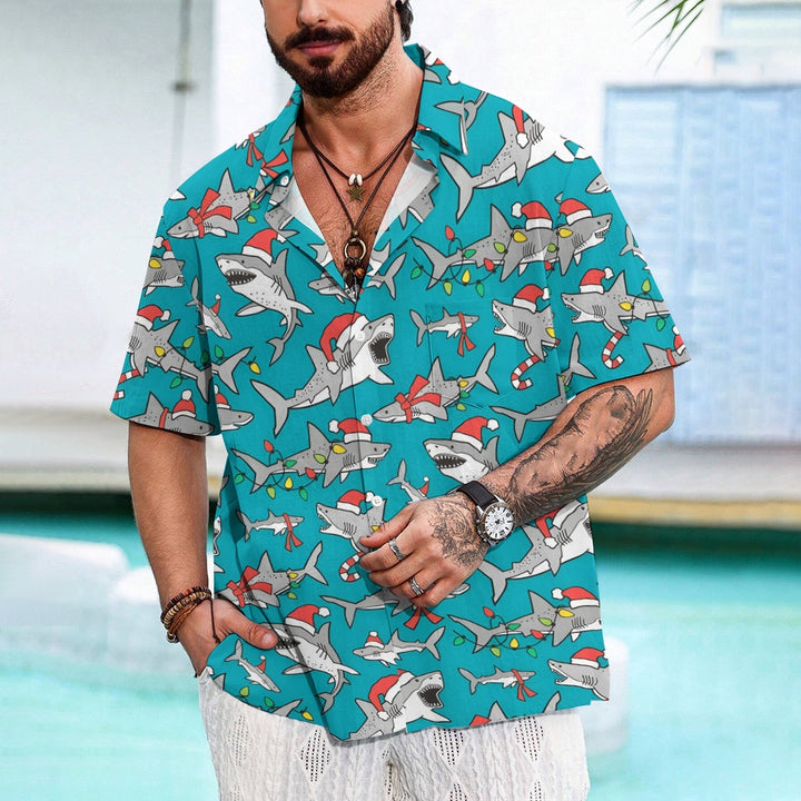 Christmas Shark Print Casual Oversized Short Sleeve Shirt 2407005541