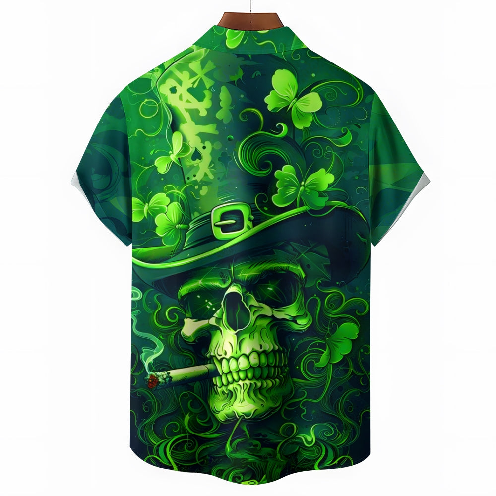 Men's St. Patrick's Day Smoking Skull Print Short Sleeve Shirt 2412008574