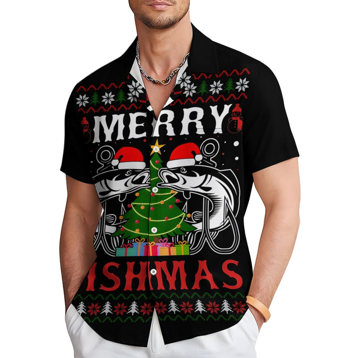 Merry Christmas Fishing Lovers Print Short Sleeve Shirt 2411007854