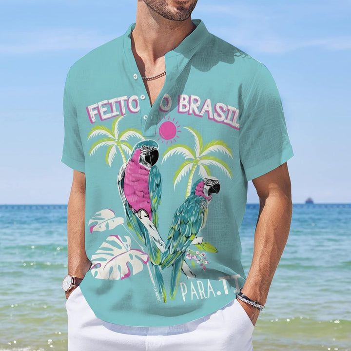 Parrot Vacation Hawaii Comfortable And Breathable Short-Sleeved T-Shirt With Linen Stand Collar And Half Placket 2404001699