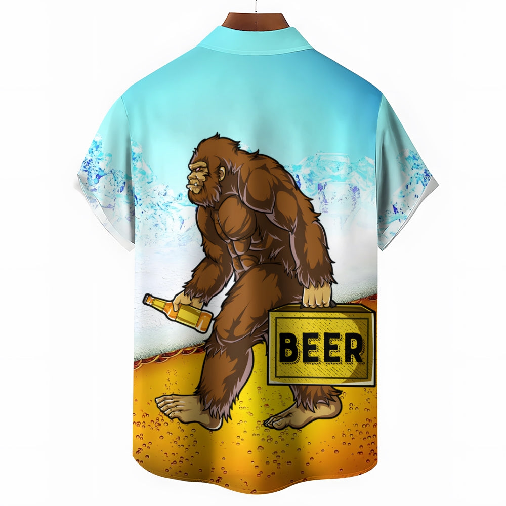 Beer Bigfoot Print Casual Oversized Short Sleeve Shirt 2406003451