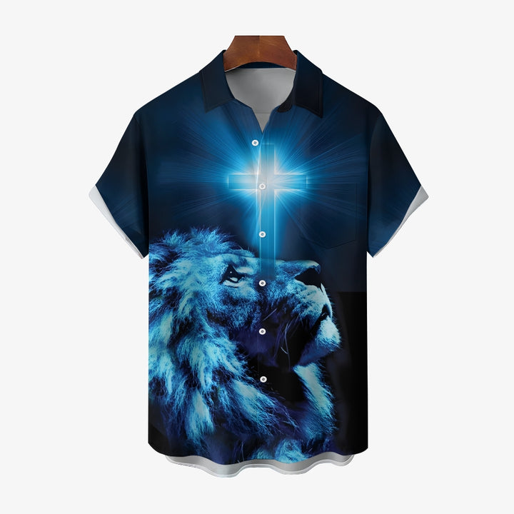 Christian Cross Lion Print Short Sleeve Shirt 2411011903