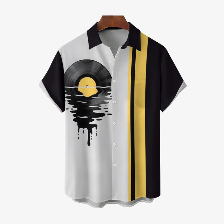 Music Vinyl Record Print Plus Size Bowling Shirt Casual Short Sleeve Shirt 2404000701