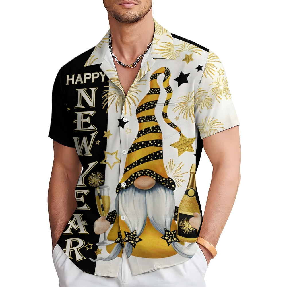 Happy New Year Gnome Champagne Print Casual Short Sleeve Shirt 2412002787