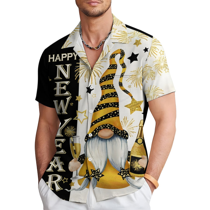 Happy New Year Gnome Champagne Print Casual Short Sleeve Shirt 2412002787