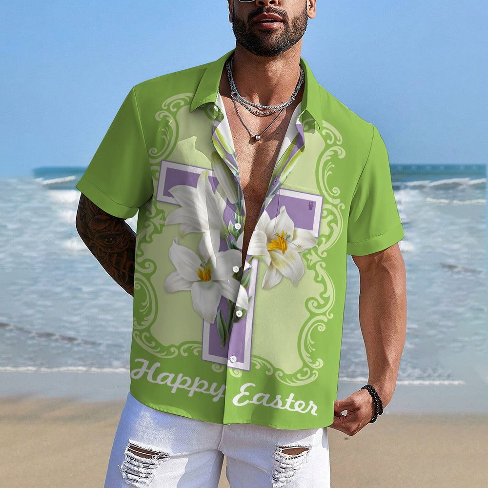 Happy Easter Cross Print Casual Short Sleeve Shirt 2412010174