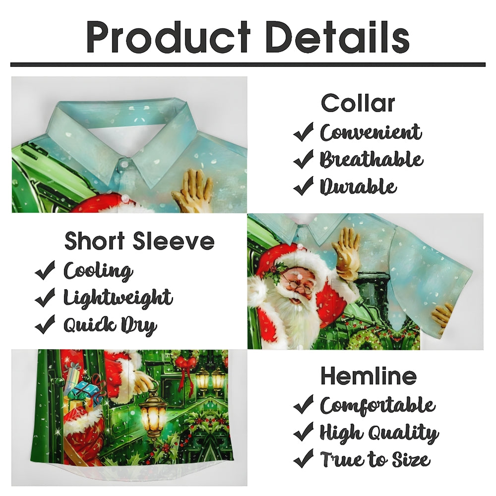 Christmas Santa Claus Green Train Casual Short Sleeve Shirt 2411003259