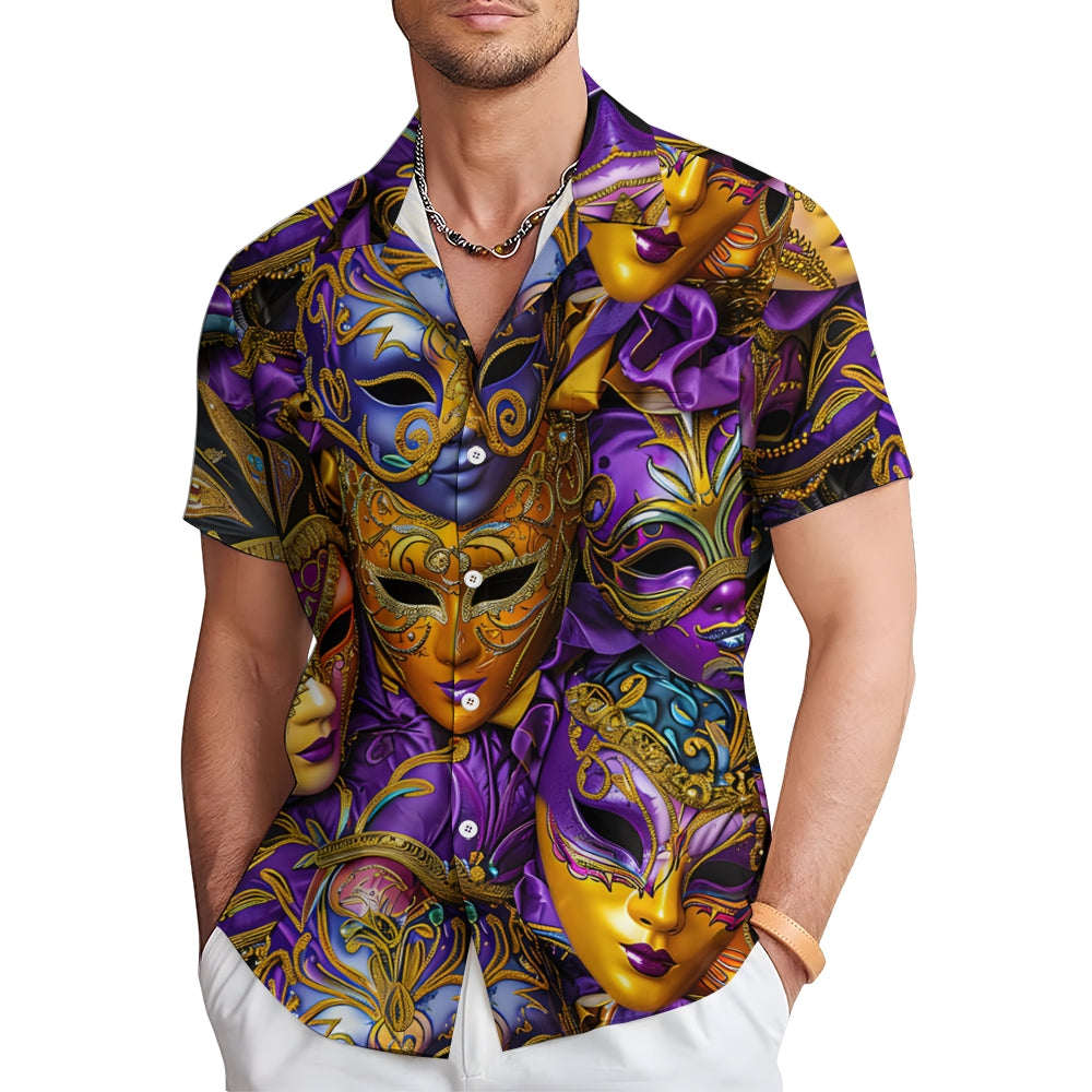 Men's Mardi Gras Carnival Mask Short Sleeve Shirt 2412003208