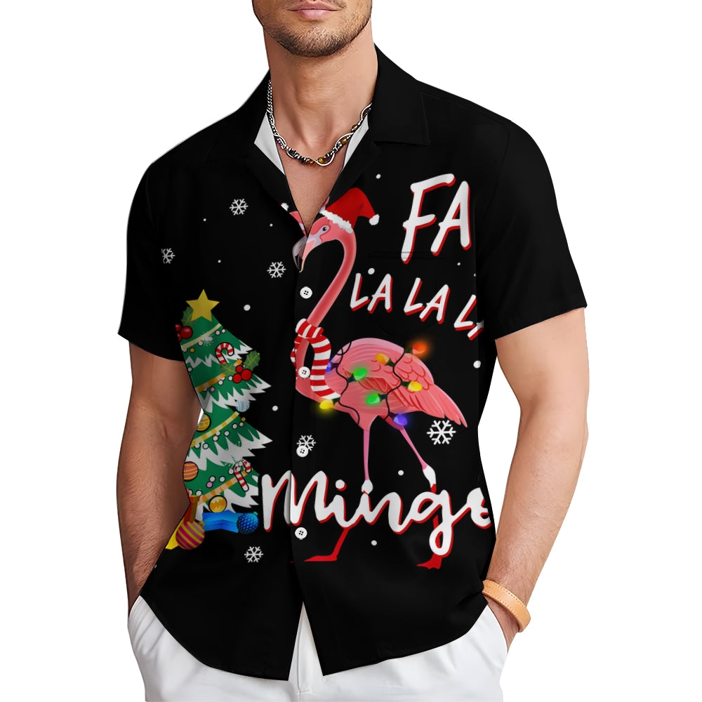 Christmas Tree And Flamingo Print Casual Short Sleeve Shirt 2411008547