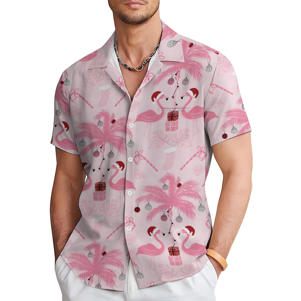 Christmas Flamingo With Hat Print Short Sleeve Shirt 2410002074