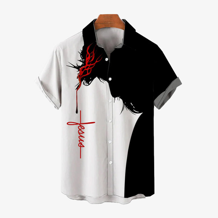 Vintage Black And White Stitching Jesus Faith Printed Short-Sleeved Shirt