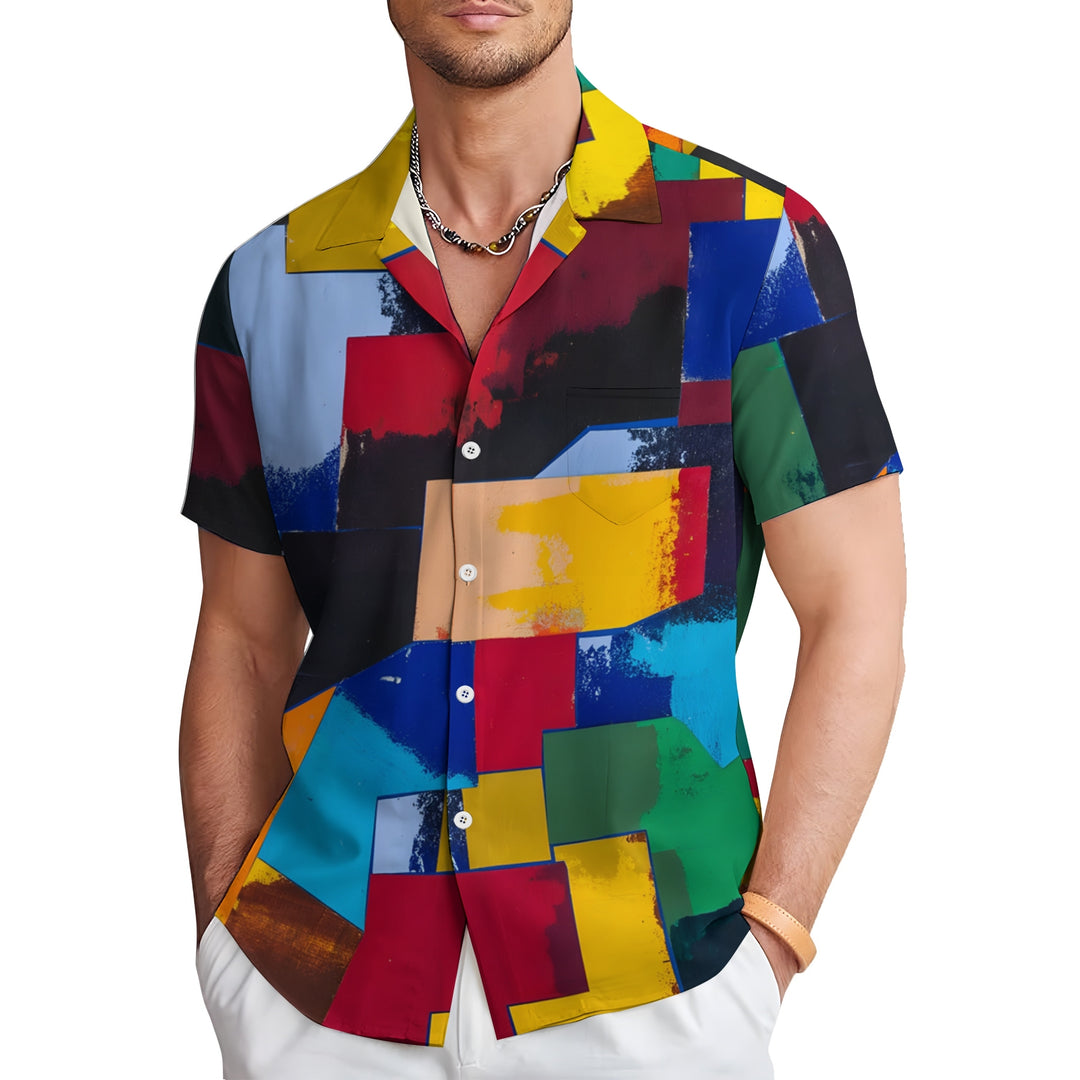 Spliced Color Block Art Print Casual Short Sleeve Shirt 2403000708