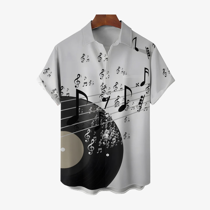 Musical Notes Vinyl Record Print Casual Short Sleeve Shirt 2404000648