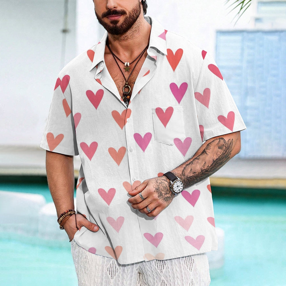 Valentine's Day Pink Heart Print Short Sleeve Shirt 2412008021