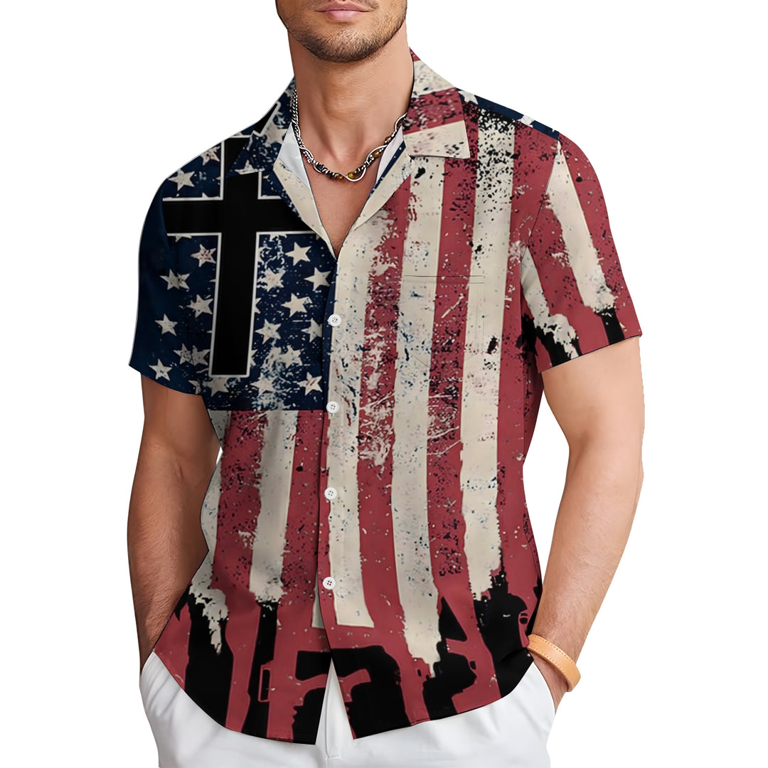 Men's Flag Patriotism Cross Casual Short Sleeve Shirt 2404001075