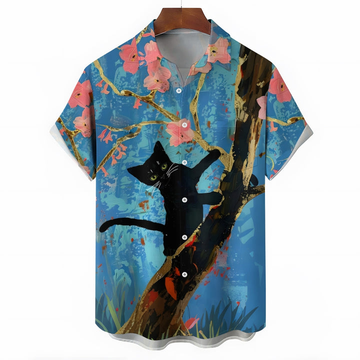 Cat On A Tree Fun Print Short Sleeve Shirt 2412008959