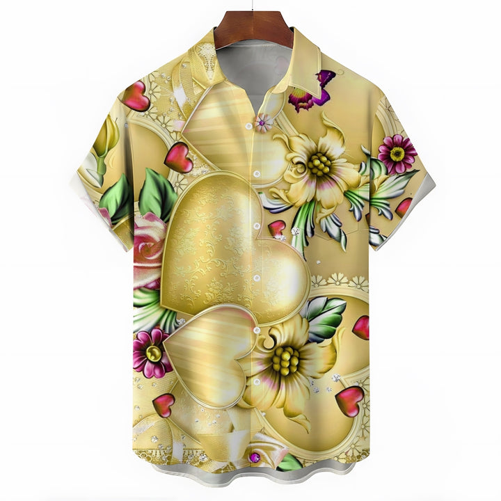 Valentine's Day Yellow Love Heart Flower Print Short Sleeve Shirt 2412008945