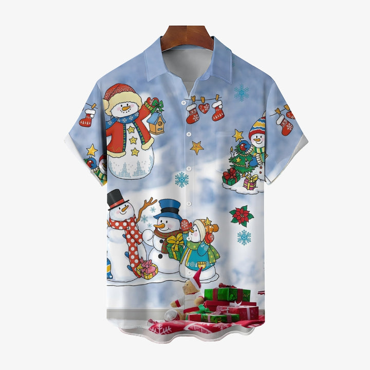 Christmas Cartoon Snowman Casual Short Sleeve Shirt 2409006161