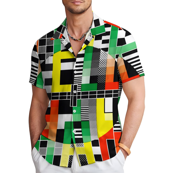 Geometric Mosaic Colorful Linen Short Sleeve Shirt 2409009638