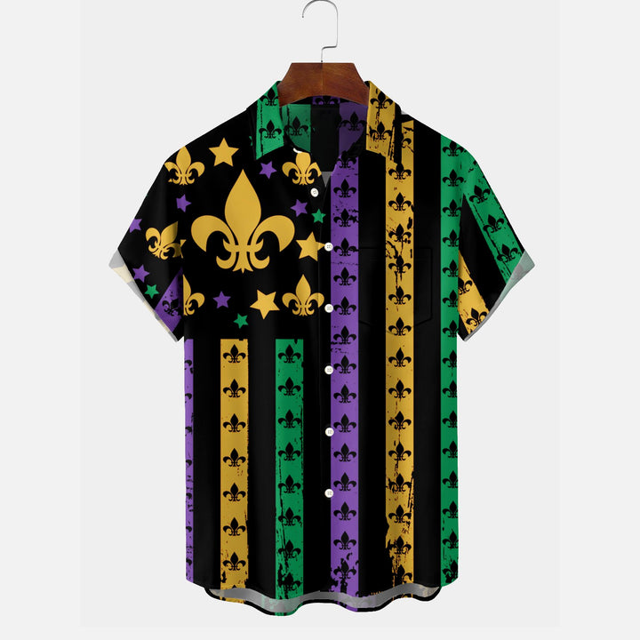 Mardi Gras Flag Fleur De Lis Print Men's Button Pocket Short Sleeve Shirt