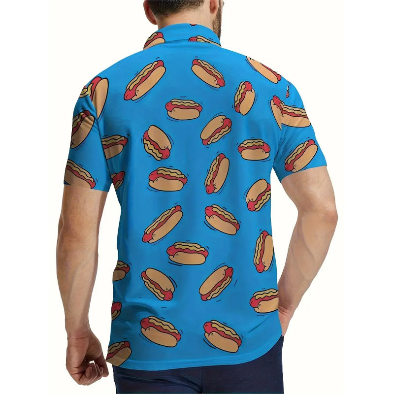 Mens Vibrant Fancy Hot Dog All Over Print Short Sleeve Polo Shirt