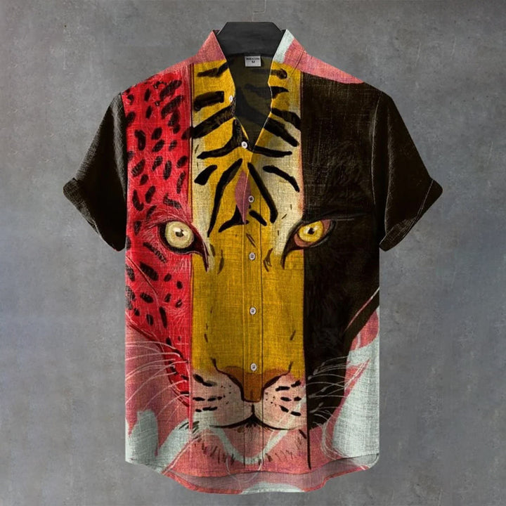 Colorblock Leopard and Tiger Art Print Casual Shirt