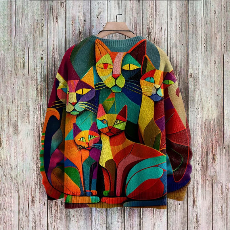 Cute Cat Abstract Art Print Casual Knit Pullover Sweater 2410007840