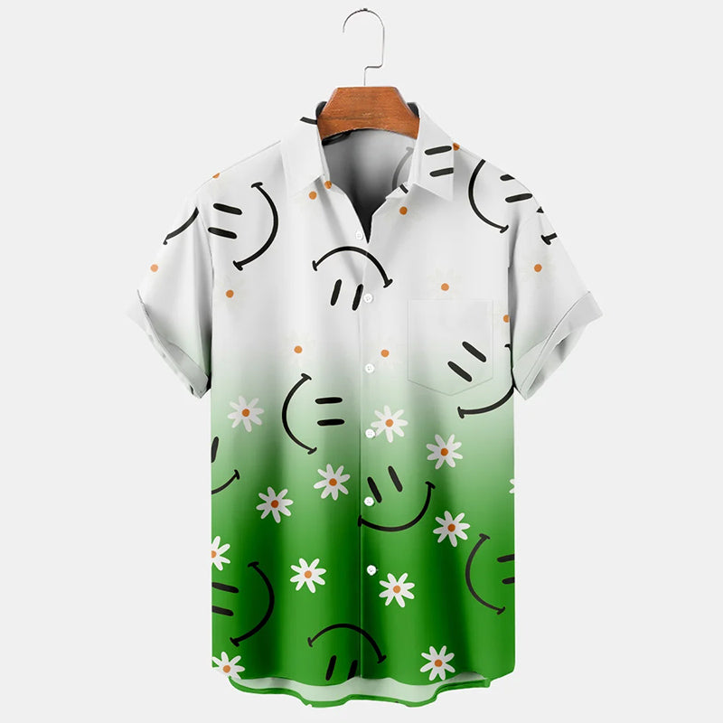 Hawaiian Gradient Smiley Floral Print Short Sleeve Shirt