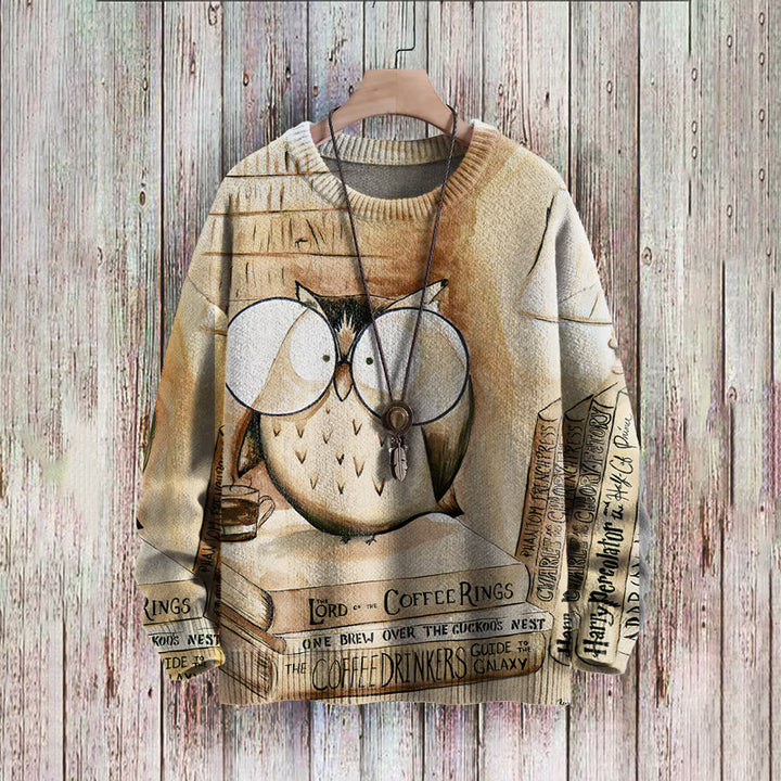 Retro Owl Book Art Print Casual Knit Pullover Sweater