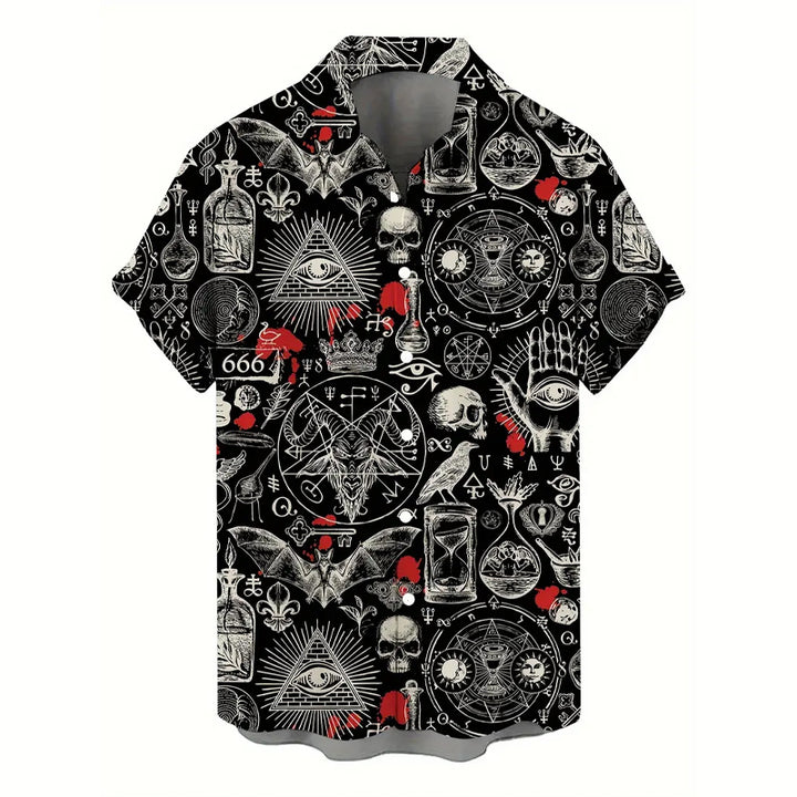 Men's Unique Skeleton Skull and Bat Pattern Short Sleeve Shirt