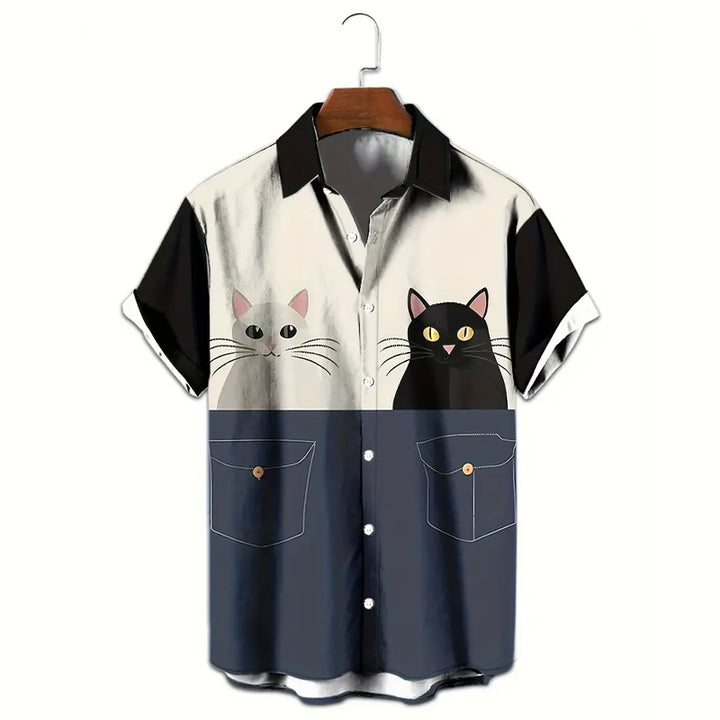 Men's Vintage Inspired Unique Cat Print Short Sleeve Shirt