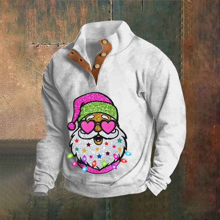 Men's Glitter Santa Print Zippered Stand Collar Button Down Sweatshirt