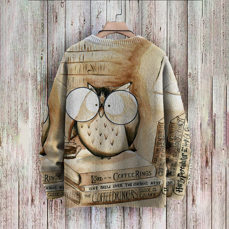 Retro Owl Book Art Print Casual Knit Pullover Sweater