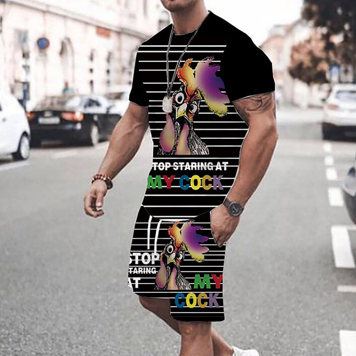 Men's 3D rooster print short-sleeved T-shirt and shorts two-piece set 2407002502