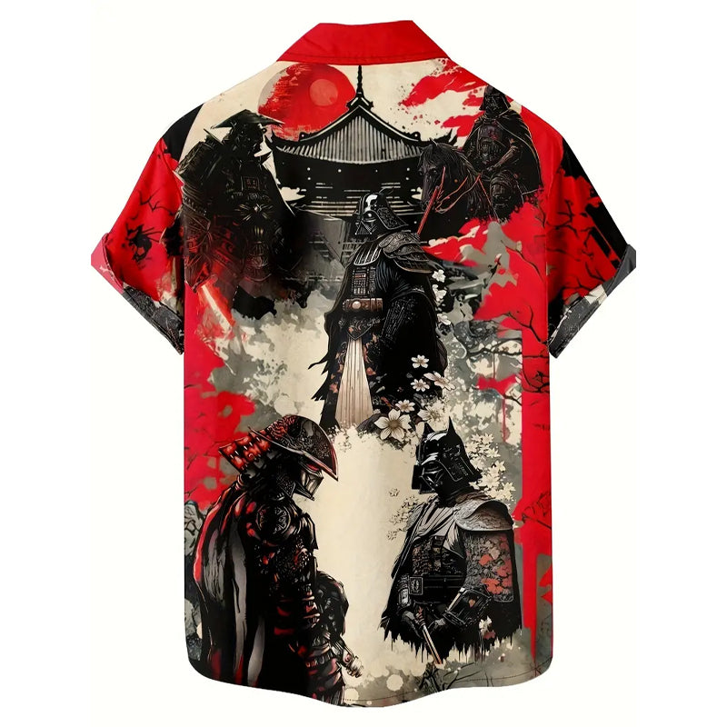Men's Samurai Pattern Print Lapel Shirt