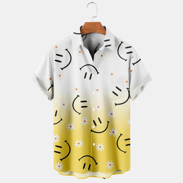 Hawaiian Gradient Smiley Floral Print Short Sleeve Shirt