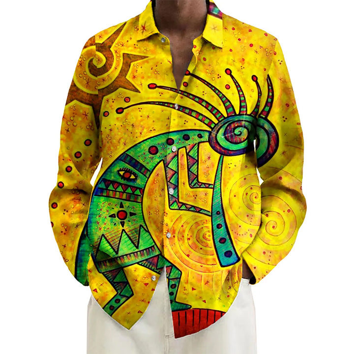 Vintage Hand Drawn Starry Night Kokopelli Pattern Casual Loose Long Sleeved Shirt